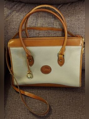 Dooney & Bourke Cream and Tan Leather Satchel with Gold Accent